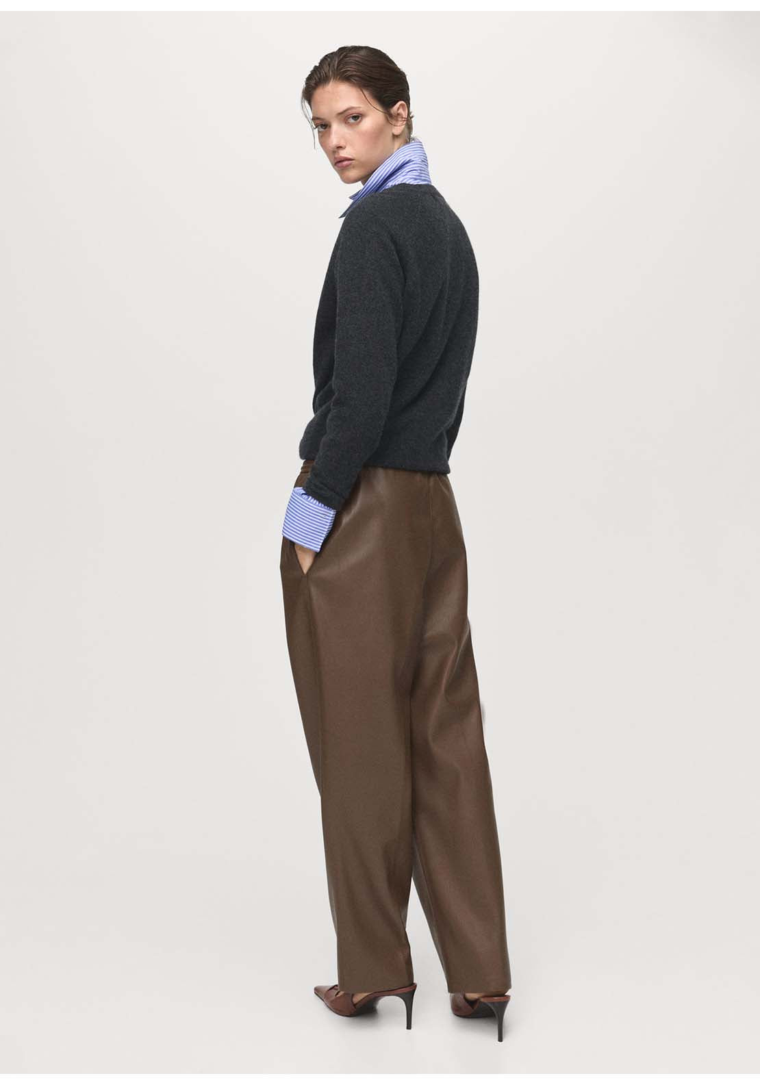 Leather Effect Elastic Waist Trousers - Brown