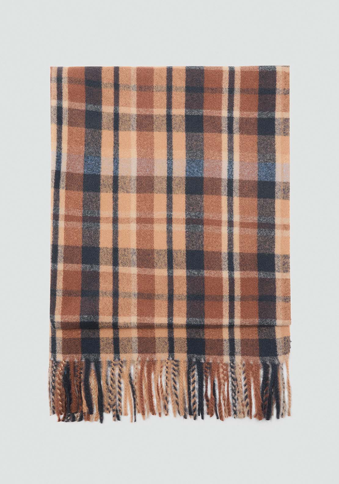 Check Scarf With Fringed Ends - Brown
