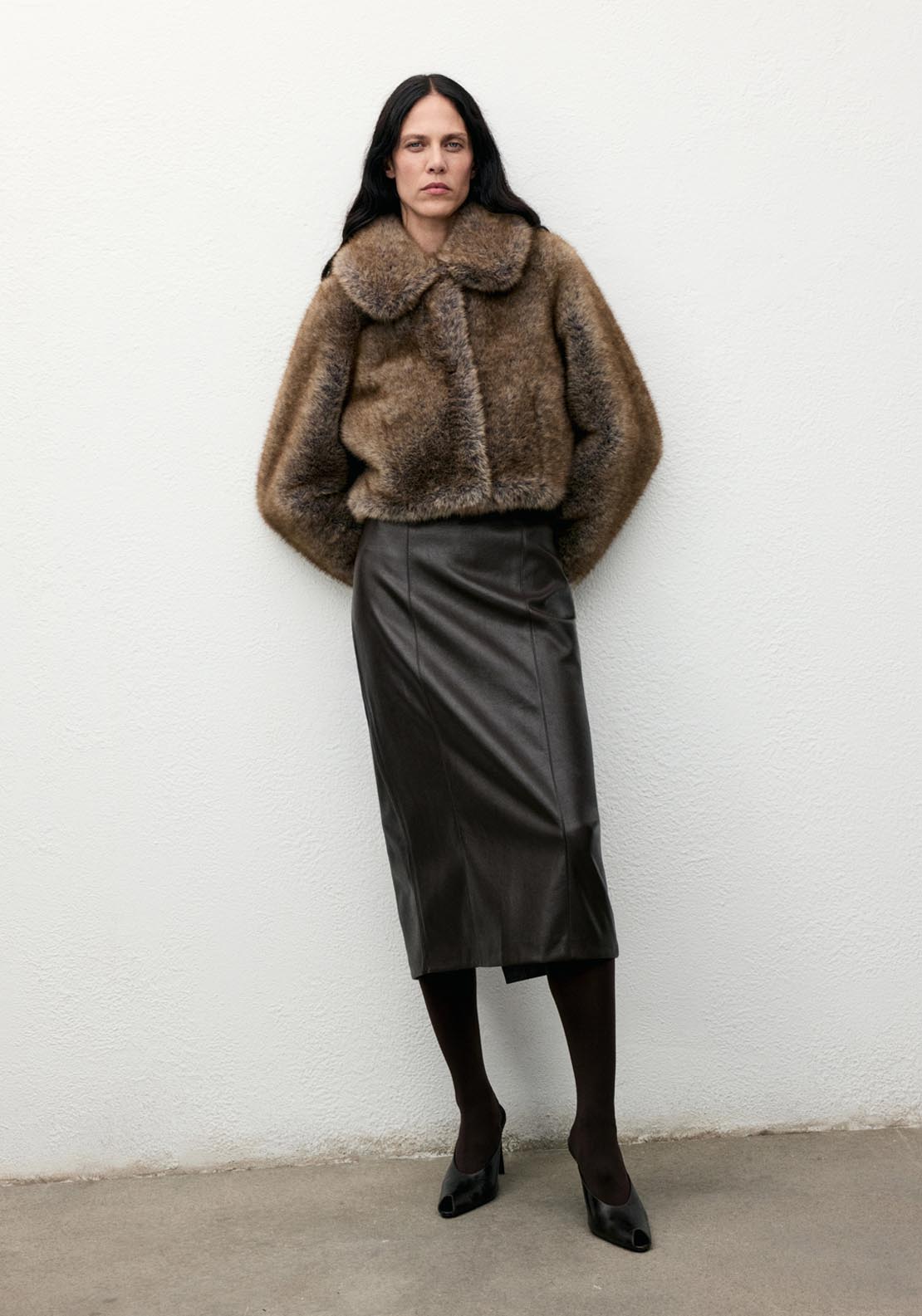 Mango Faux Fur Cropped Jacket - Brown 5 Shaws Department Stores