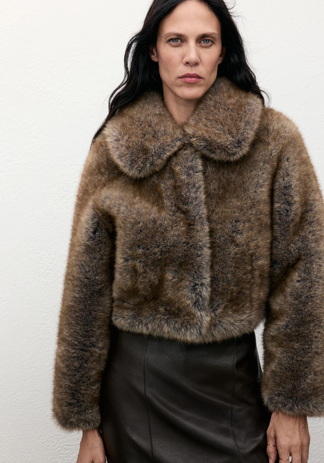 Mango Faux Fur Cropped Jacket - Brown 1 Shaws Department Stores