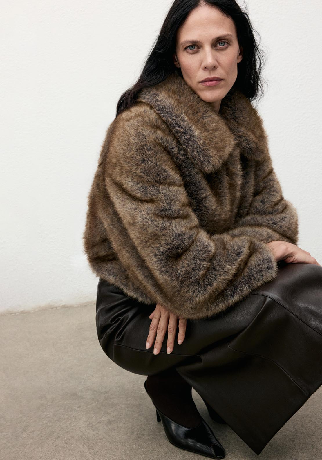 Mango Faux Fur Cropped Jacket - Brown 3 Shaws Department Stores