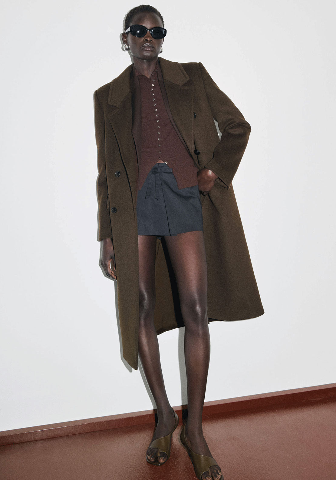 Double Breasted Wool Coat - Beige / Green
