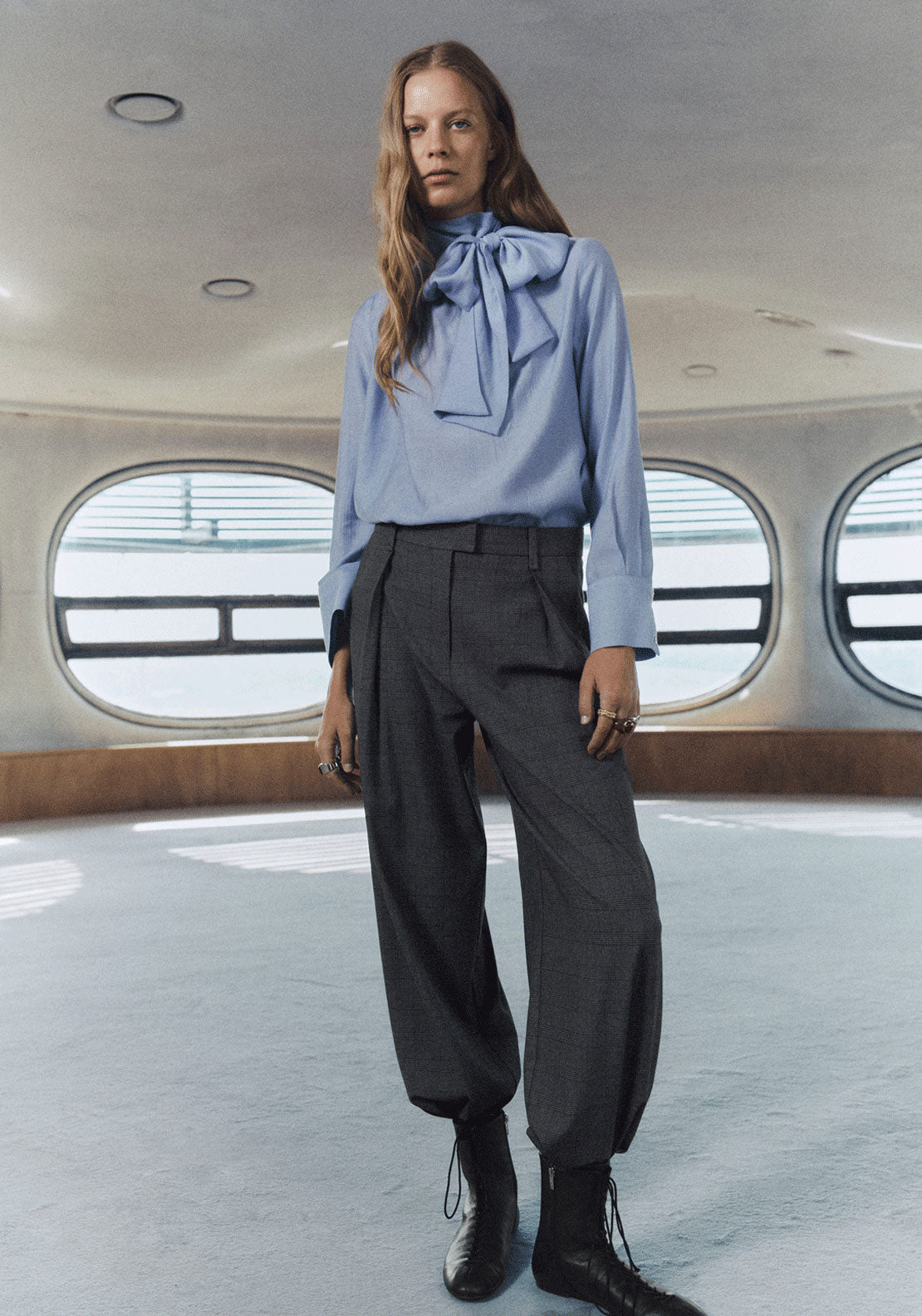 Textured Blouse With Foulard - Blue