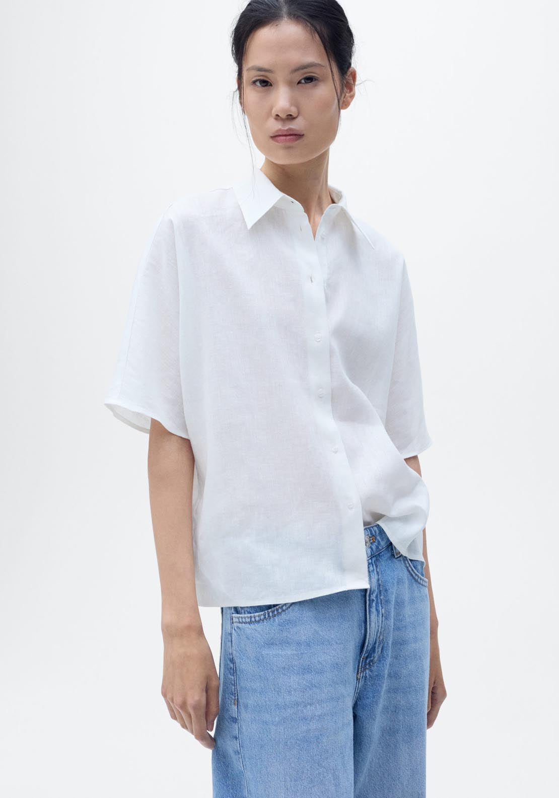 Mango Short Sleeve Linen Blend Shirt - Beige 1 Shaws Department Stores