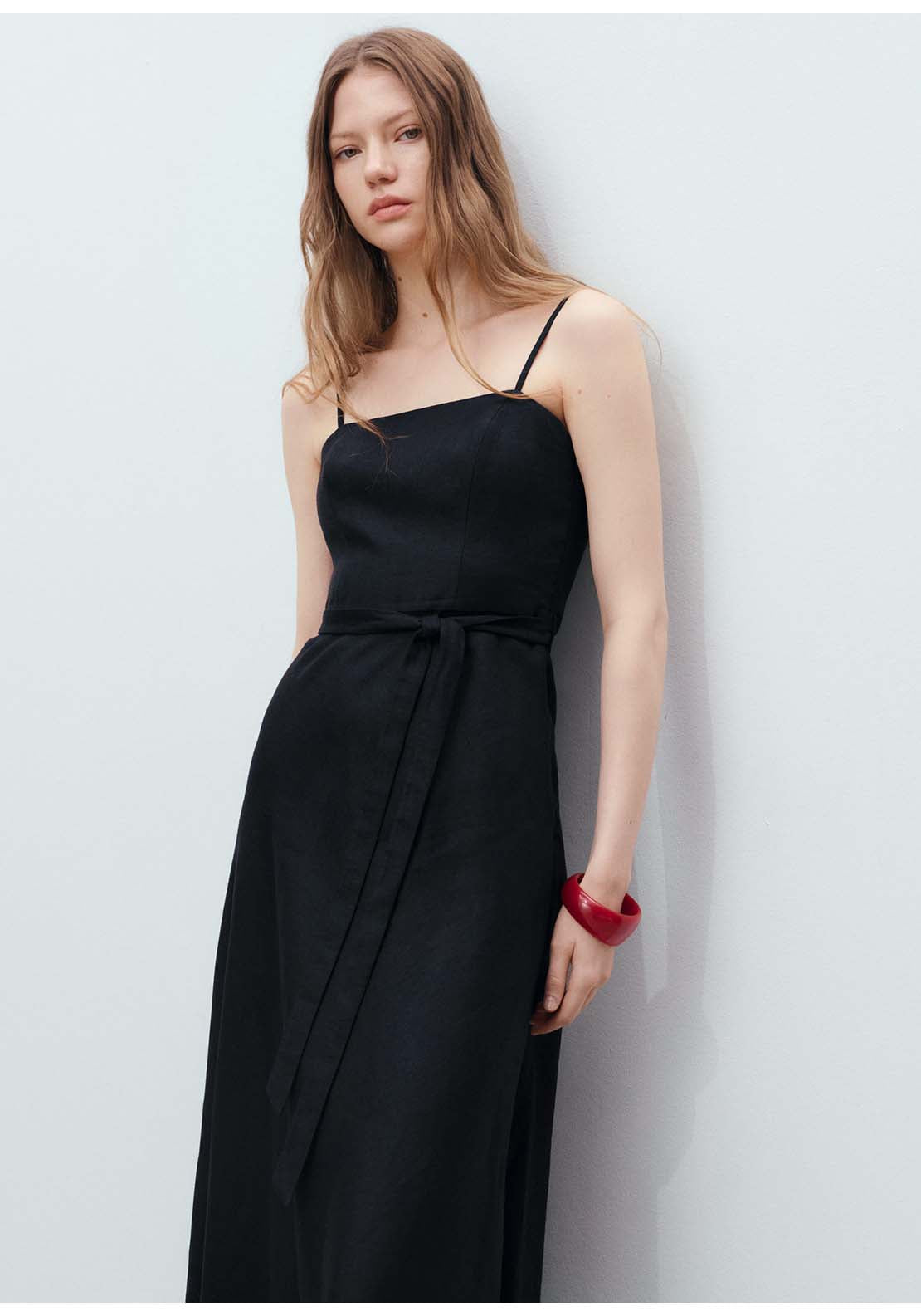 Bow Linen Blend Dress - Black