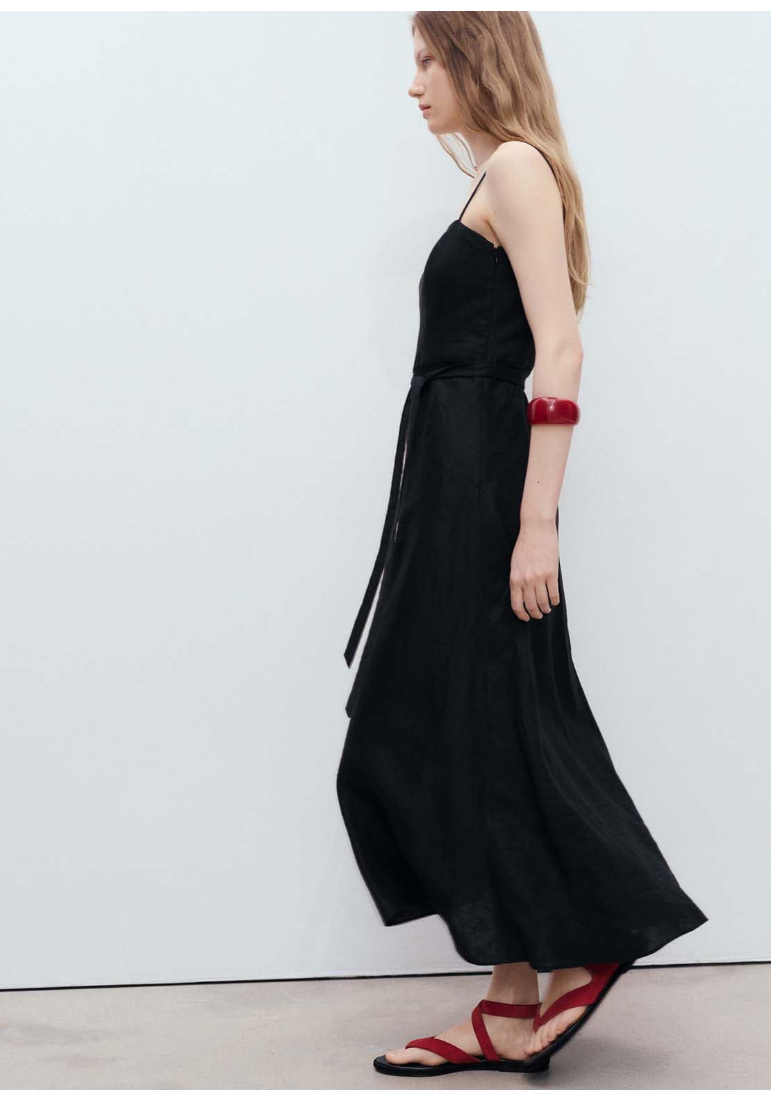 Bow Linen Blend Dress - Black