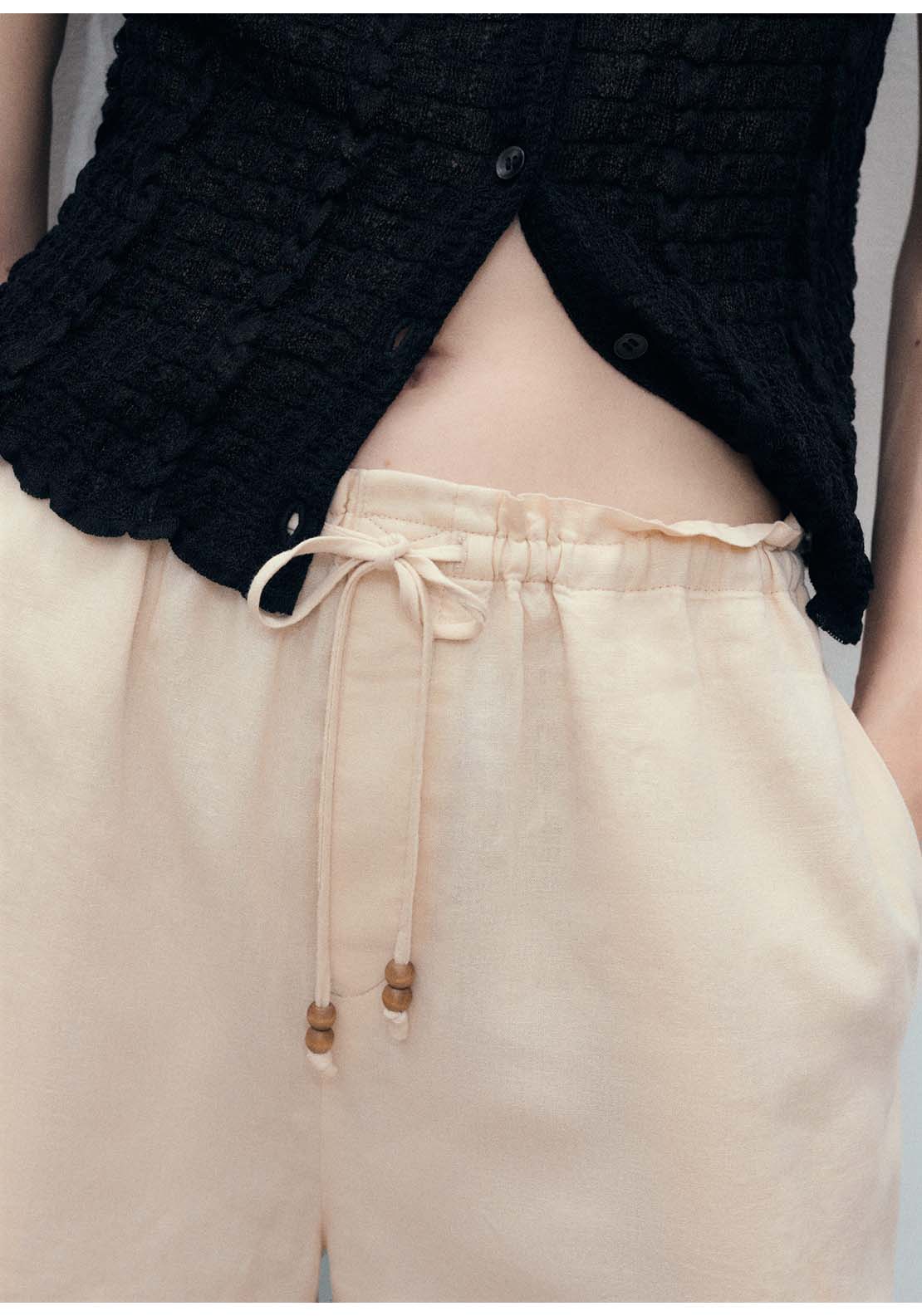 Straight Fit Linen Shorts With Drawstring - Beige