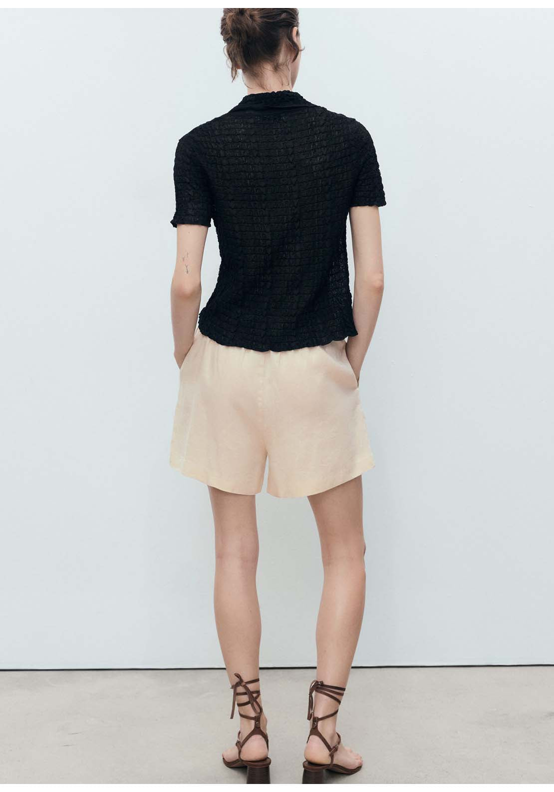 Straight Fit Linen Shorts With Drawstring - Beige