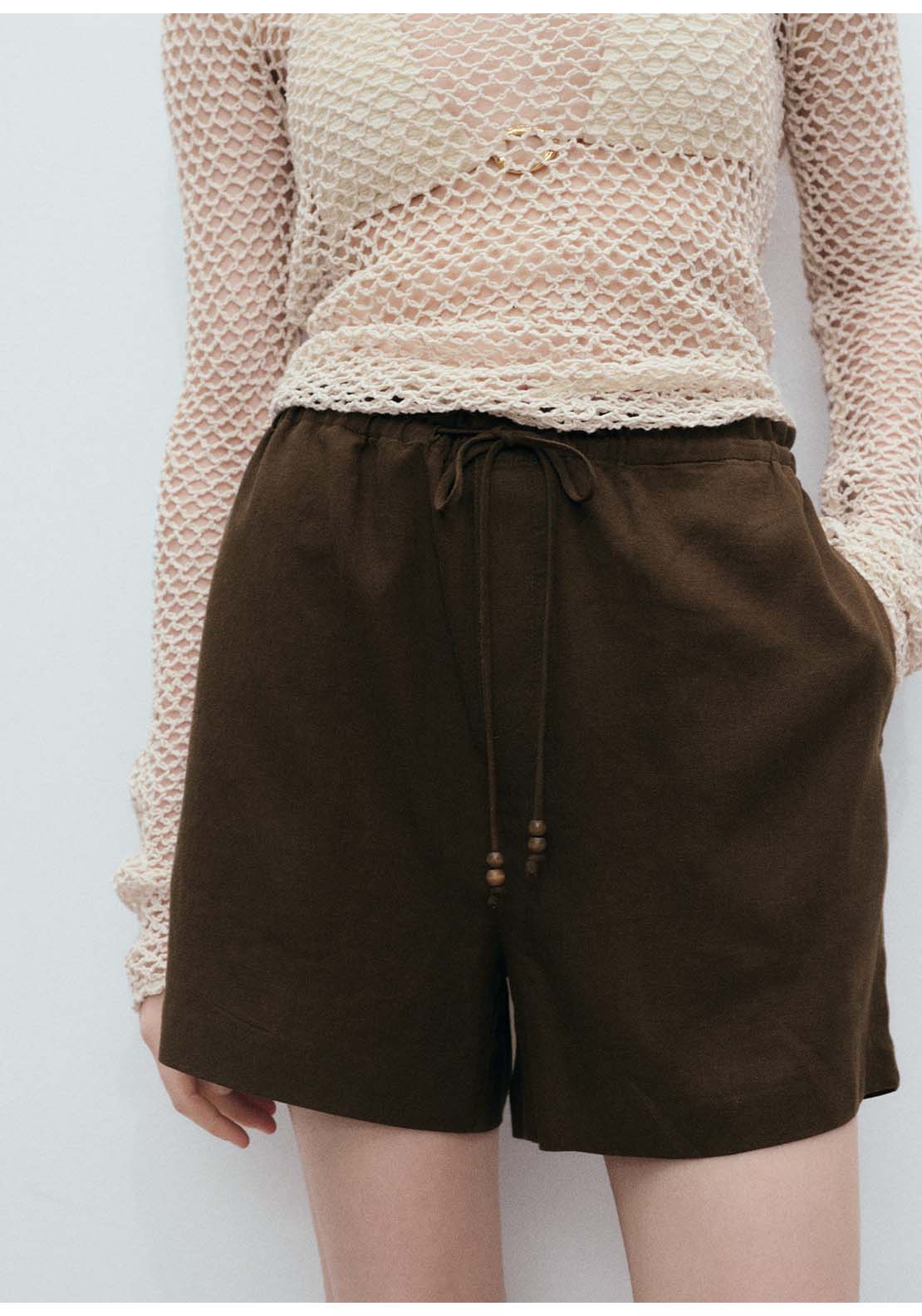Straight Fit Linen Shorts With Drawstring - Beige / Green