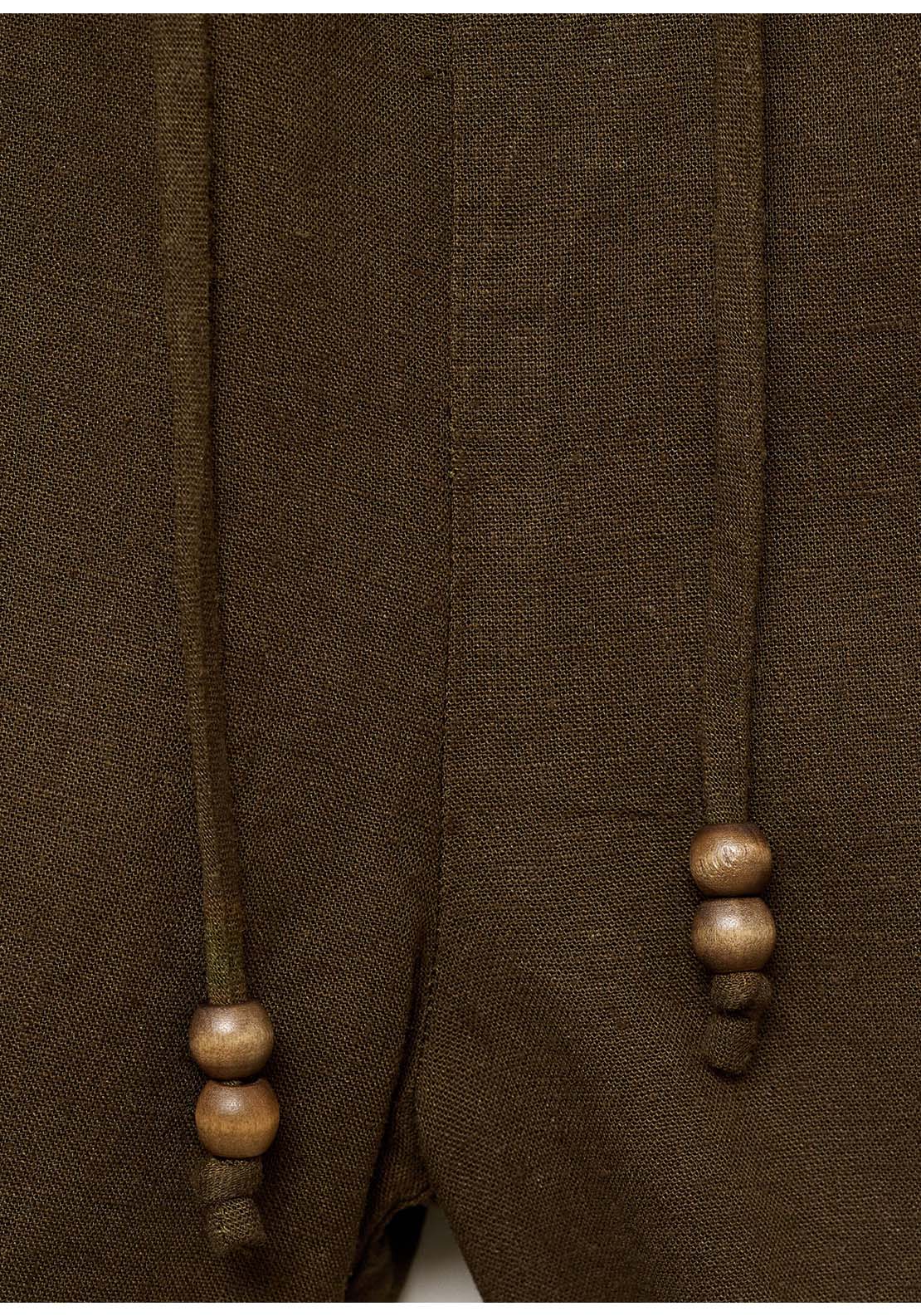 Straight Fit Linen Shorts With Drawstring - Beige / Green