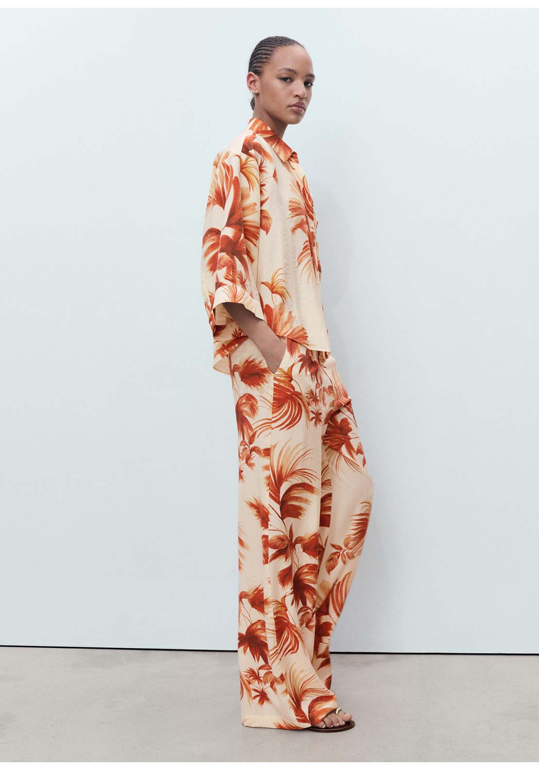 Flowing Palm Tree Print Trousers - Cream