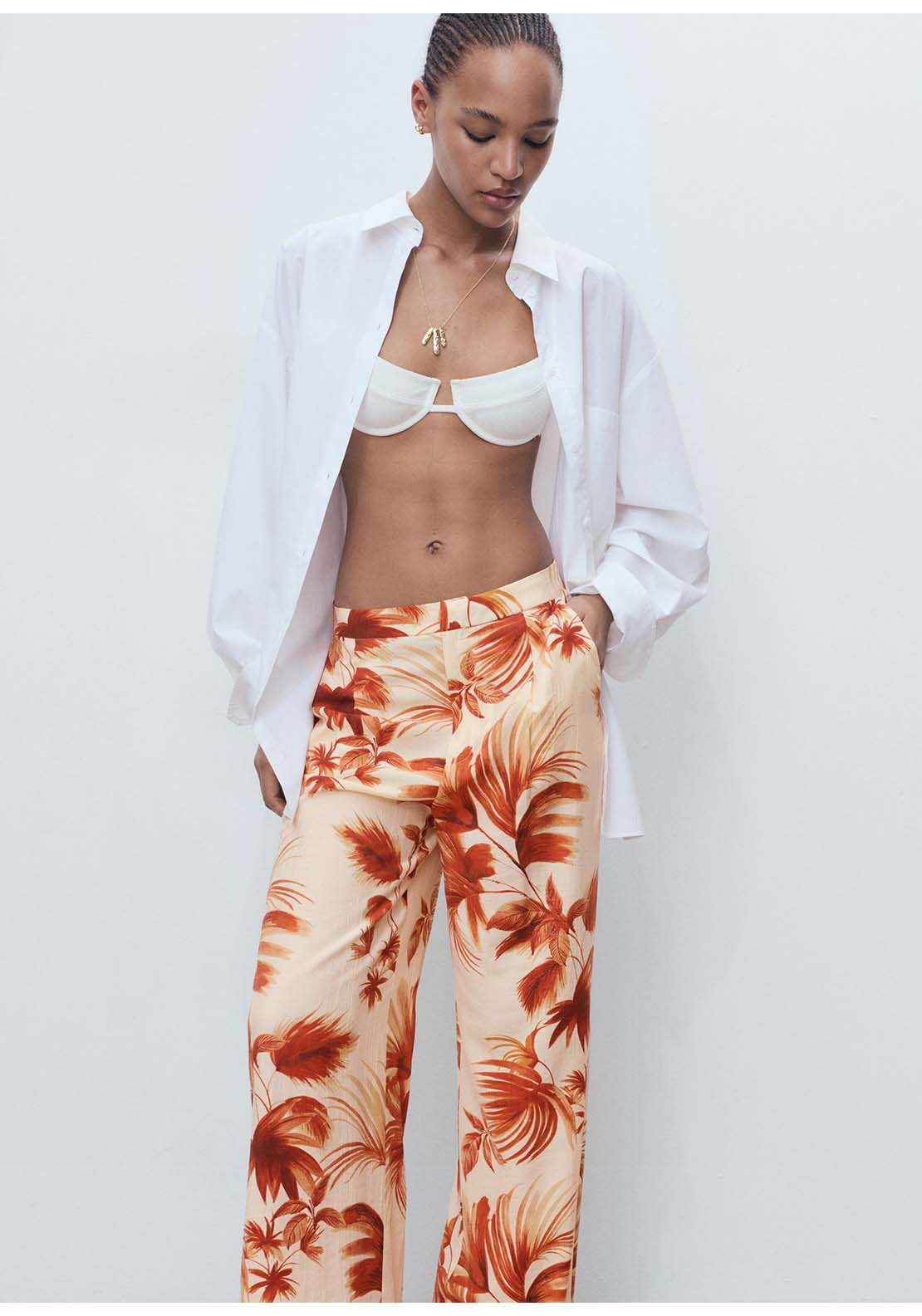 Flowing Palm Tree Print Trousers - Cream
