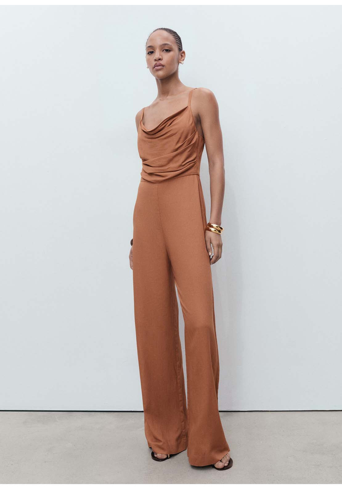 Long Jumpsuit With Draped Neckline - Brown