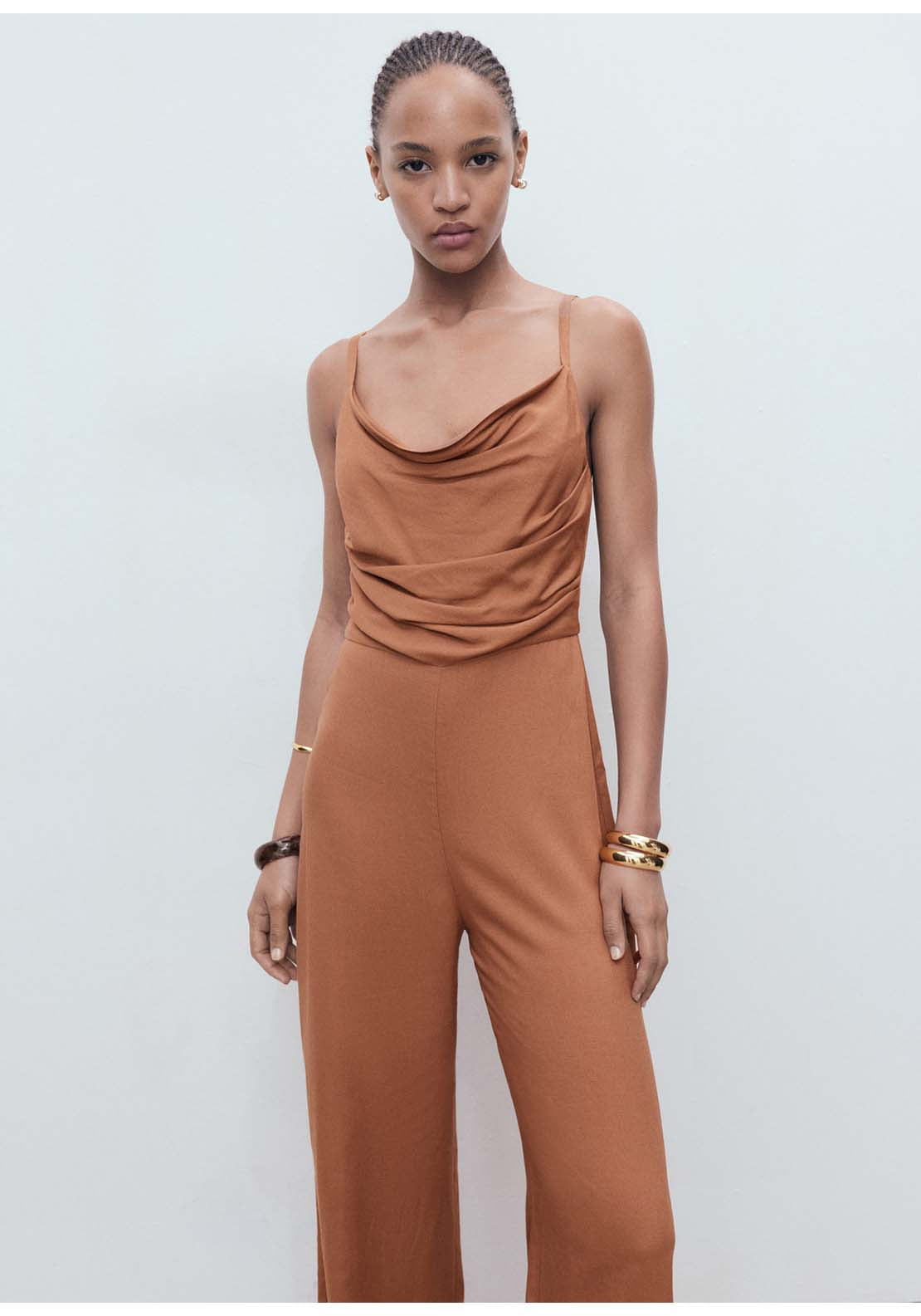 Long Jumpsuit With Draped Neckline - Brown