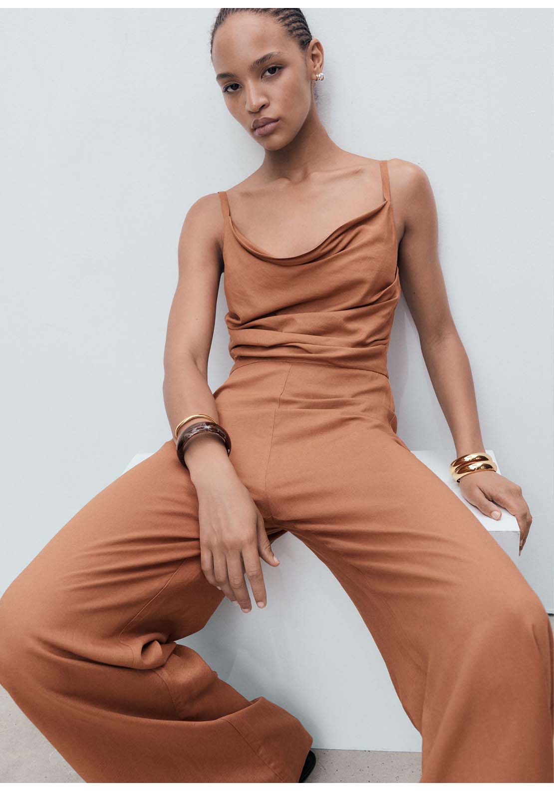Long Jumpsuit With Draped Neckline - Brown