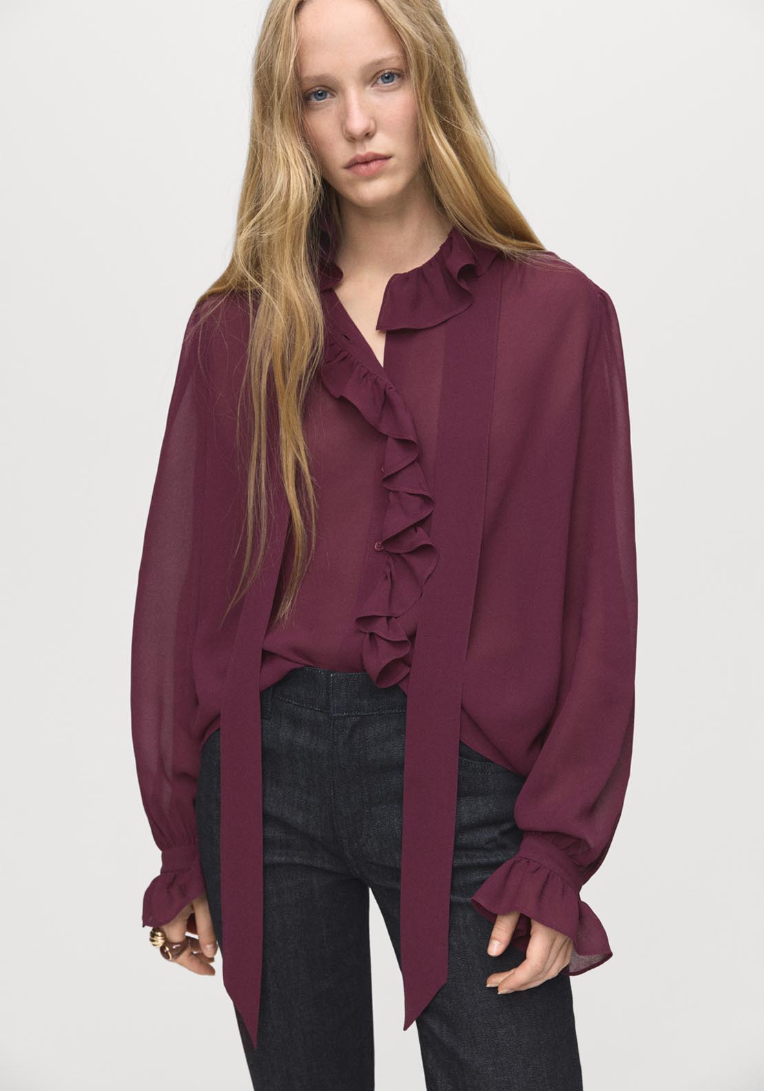 Mango Ruffled Blouse With Scarf - Red 1 Shaws Department Stores