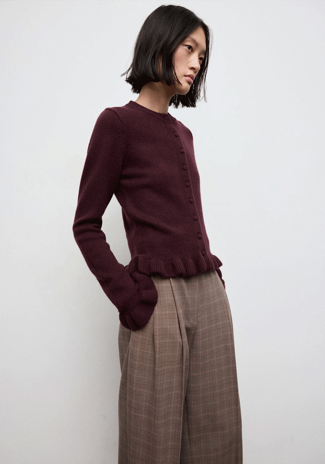 Ruffle Knit Cardigan - Burgundy