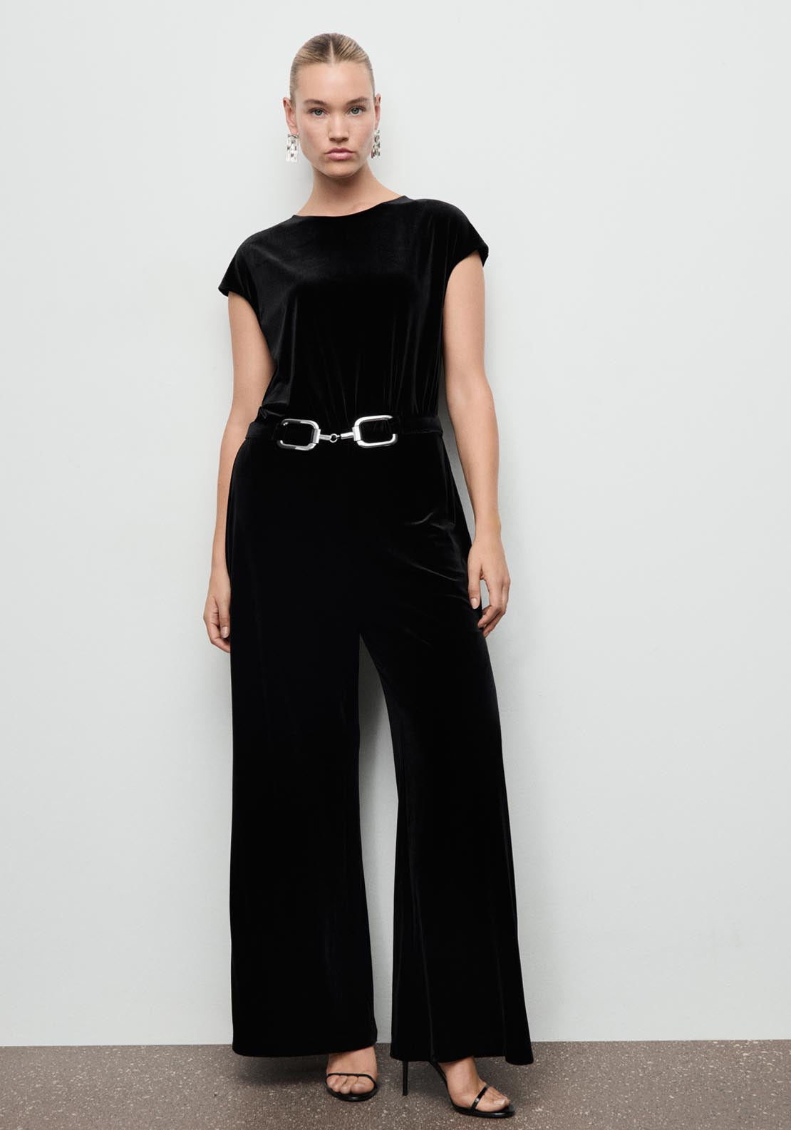 Mango Velvet Belt Jumpsuit - Black 1 Shaws Department Stores