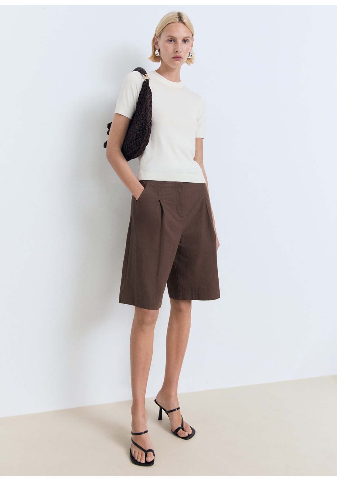 Mango Short-Sleeved Fine Knit Sweater - Beige 1 Shaws Department Stores