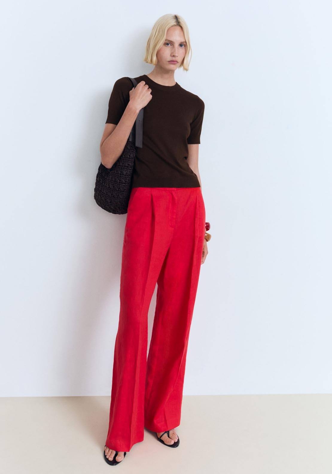 Mango Short Sleeved Fine Knit Sweater - Dark Brown 1 Shaws Department Stores