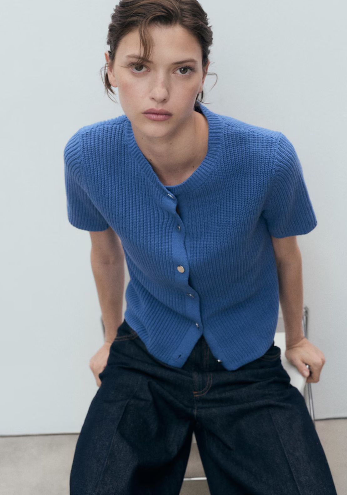 Mango Short Sleeved Knitted Cardigan - Bright Blue 1 Shaws Department Stores