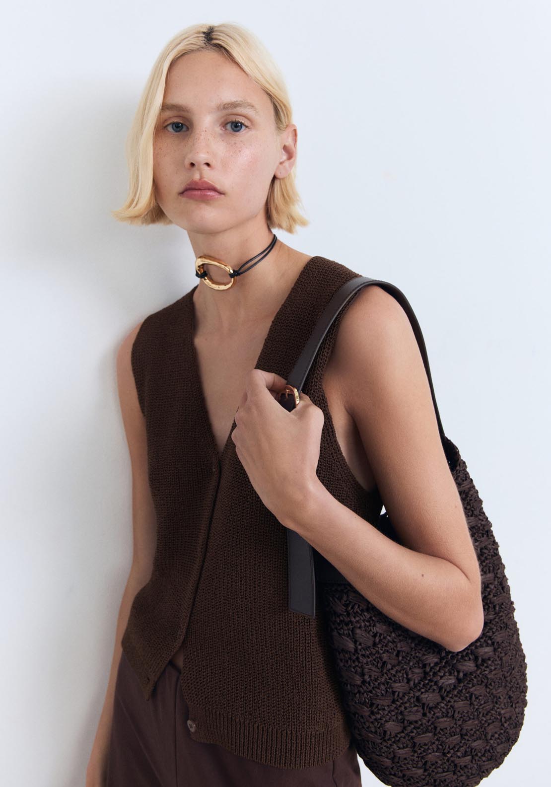 Mango Openwork Knitted Waistcoat - Dark Brown 3 Shaws Department Stores
