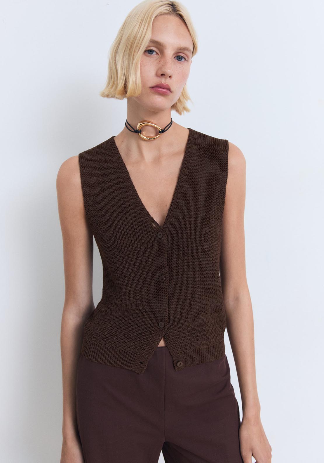 Mango Openwork Knitted Waistcoat - Dark Brown 1 Shaws Department Stores