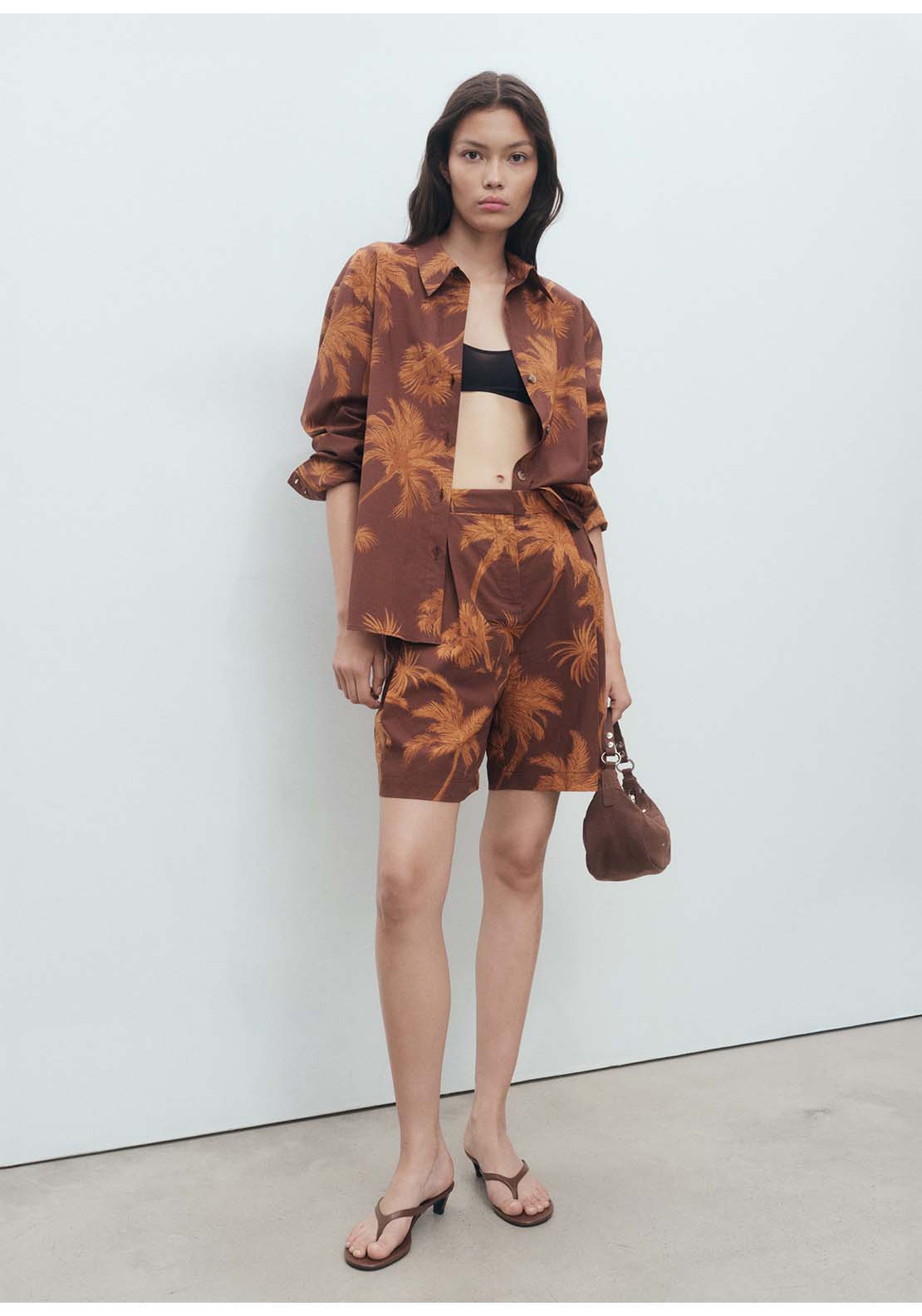 Palm Tree Print Cotton Shirt - Brown