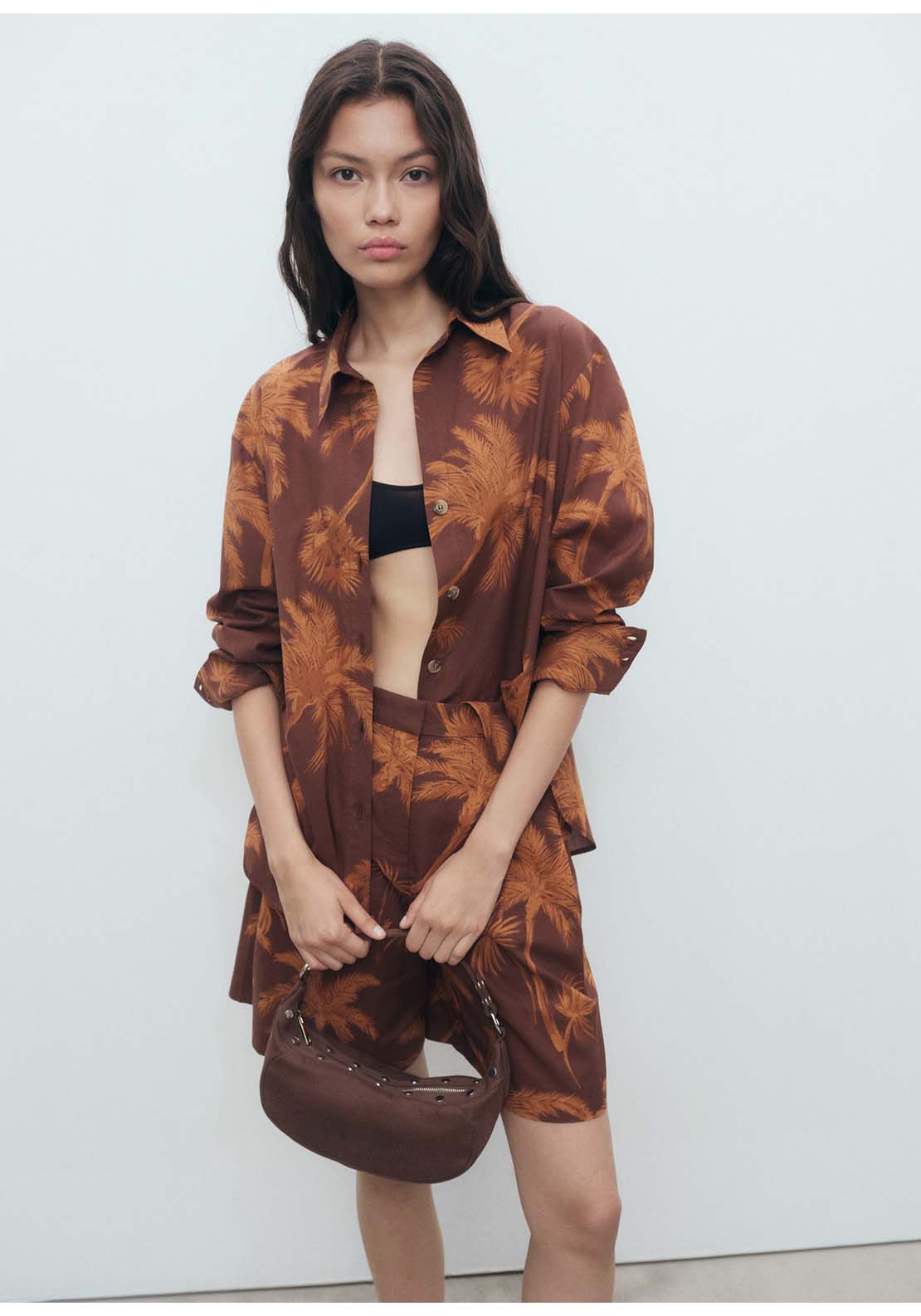 Palm Tree Print Cotton Shirt - Brown