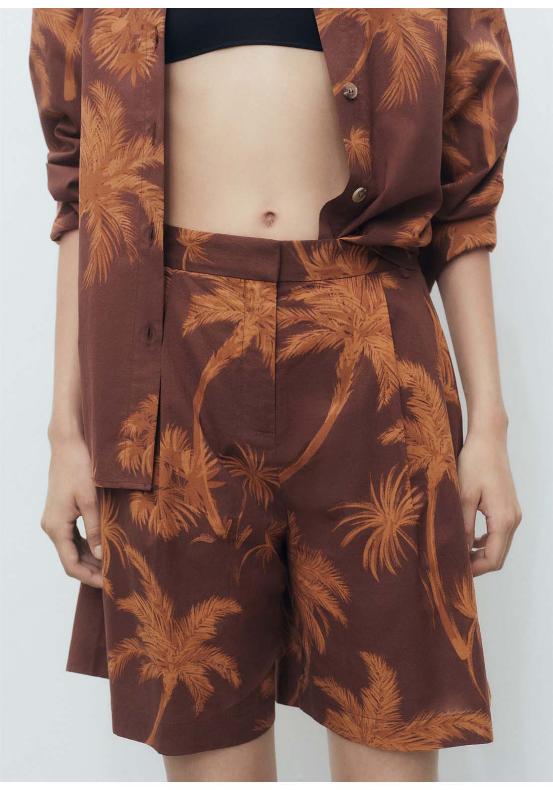 Cotton Bermuda Shorts With Palm Tree Print - Brown