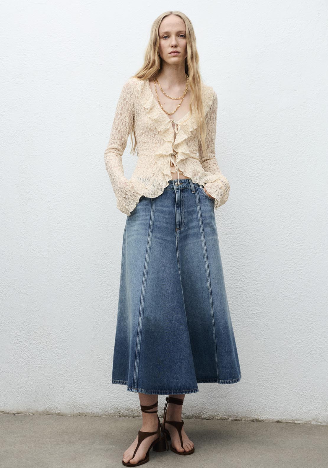 Mango Lace Blouse With Ruffles - Beige 4 Shaws Department Stores
