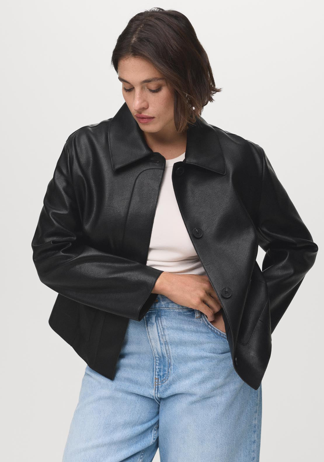 Mango Leather Effect Jacket With Pockets - Black 1 Shaws Department Stores