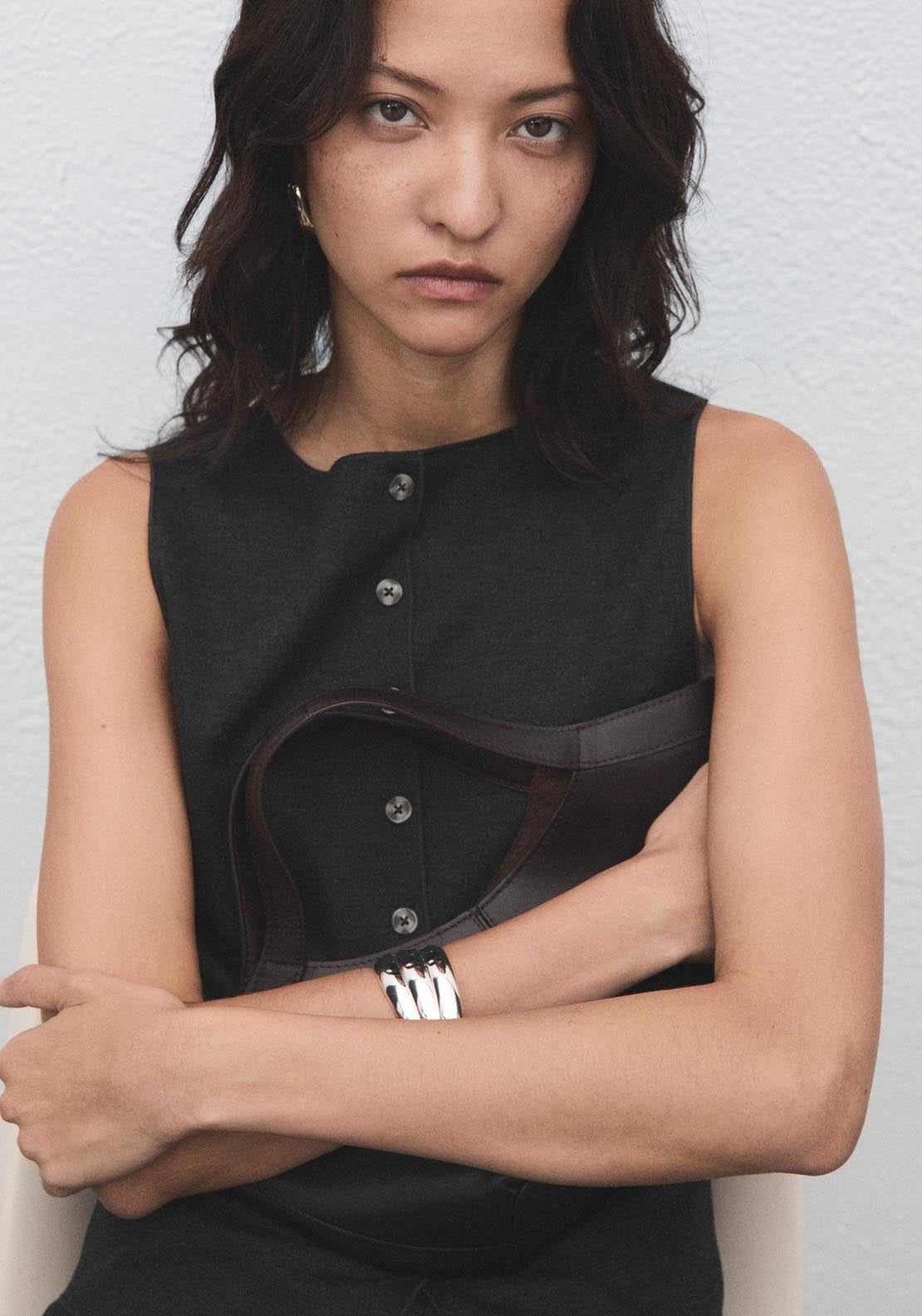 Mango Round Neck Buttoned Waistcoat - Grey 1 Shaws Department Stores