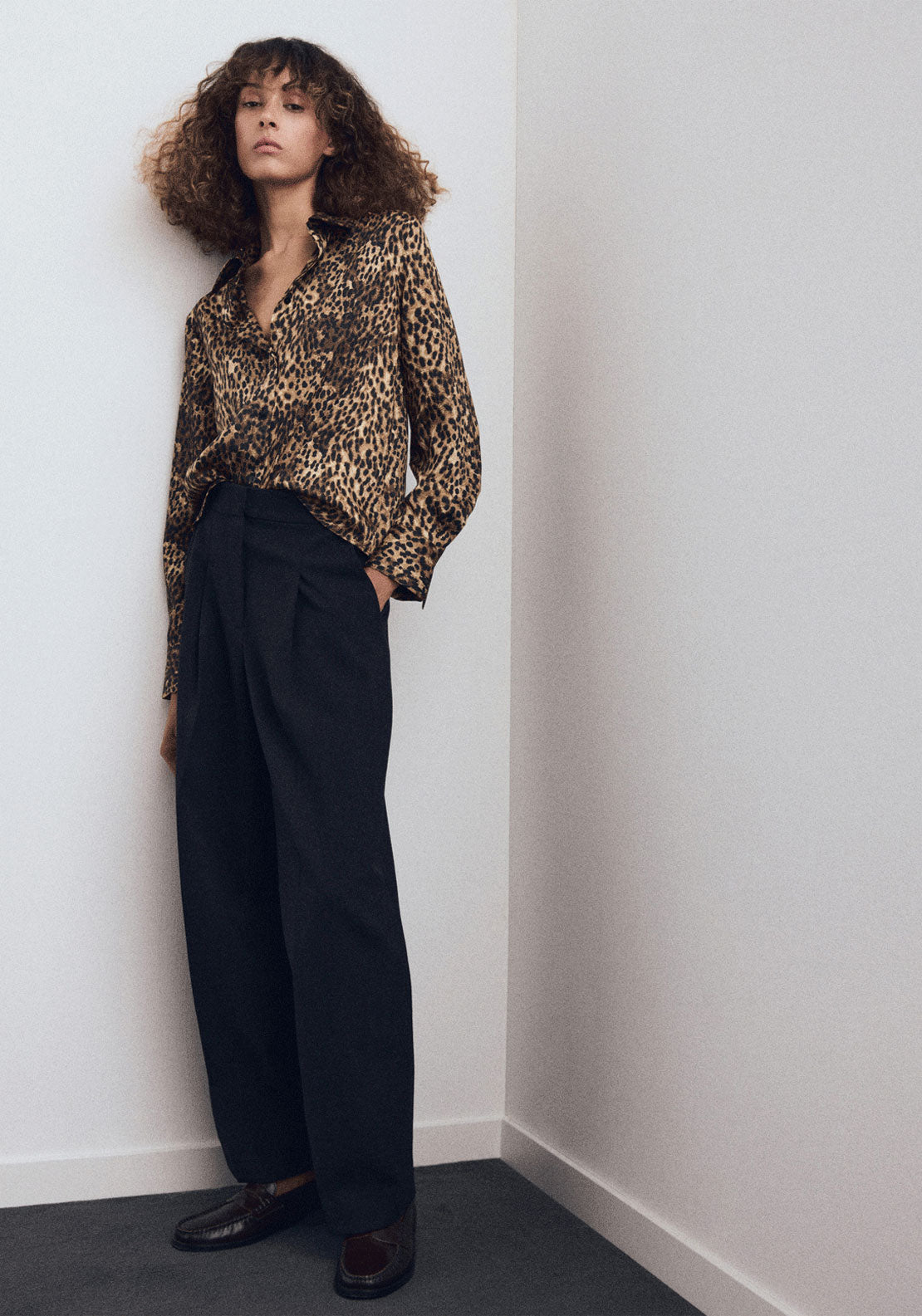 Leopard Print Satin Shirt - Brown