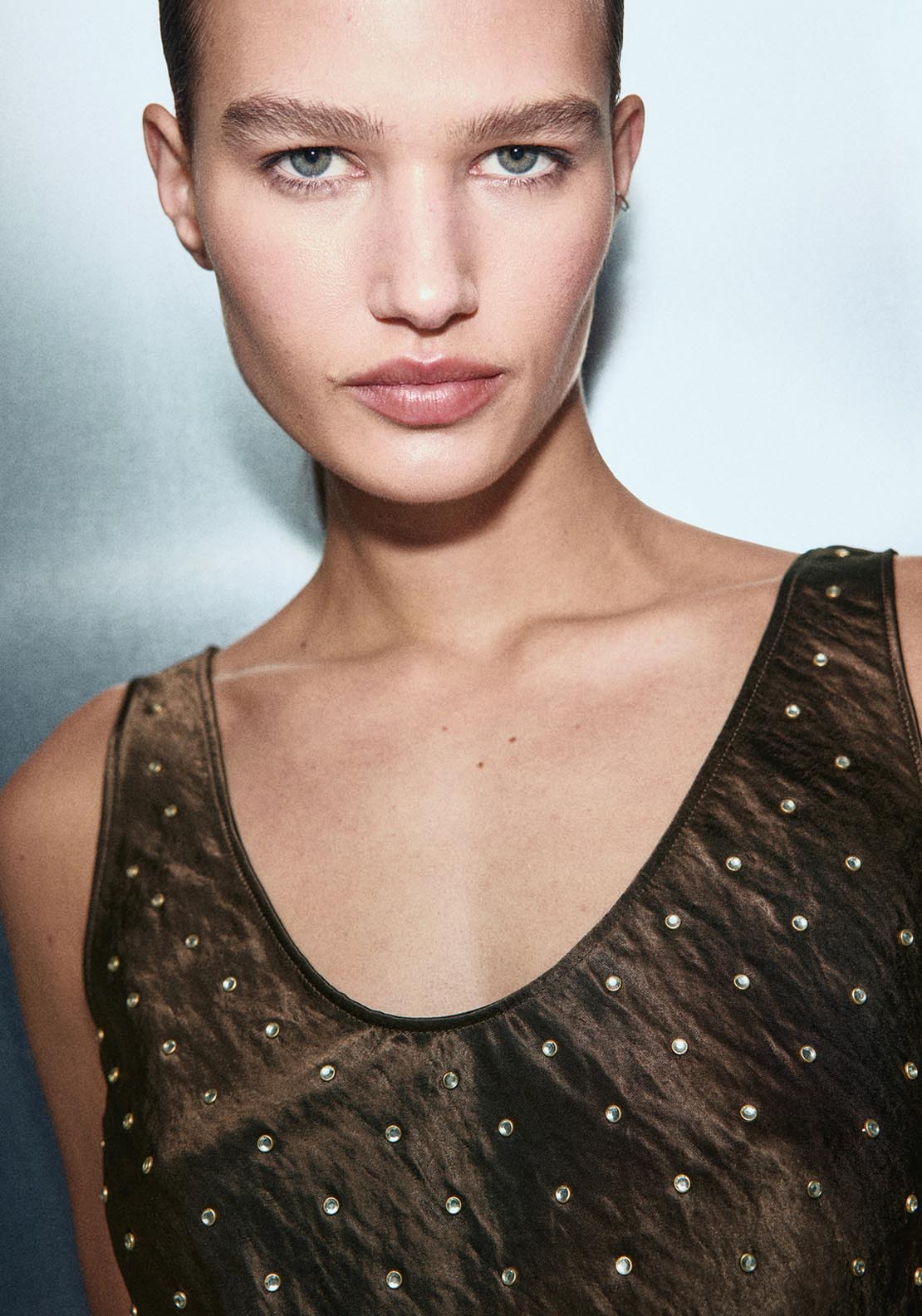 Mango Satin Crinkled Effect Top With Crystals - Brown 5 Shaws Department Stores