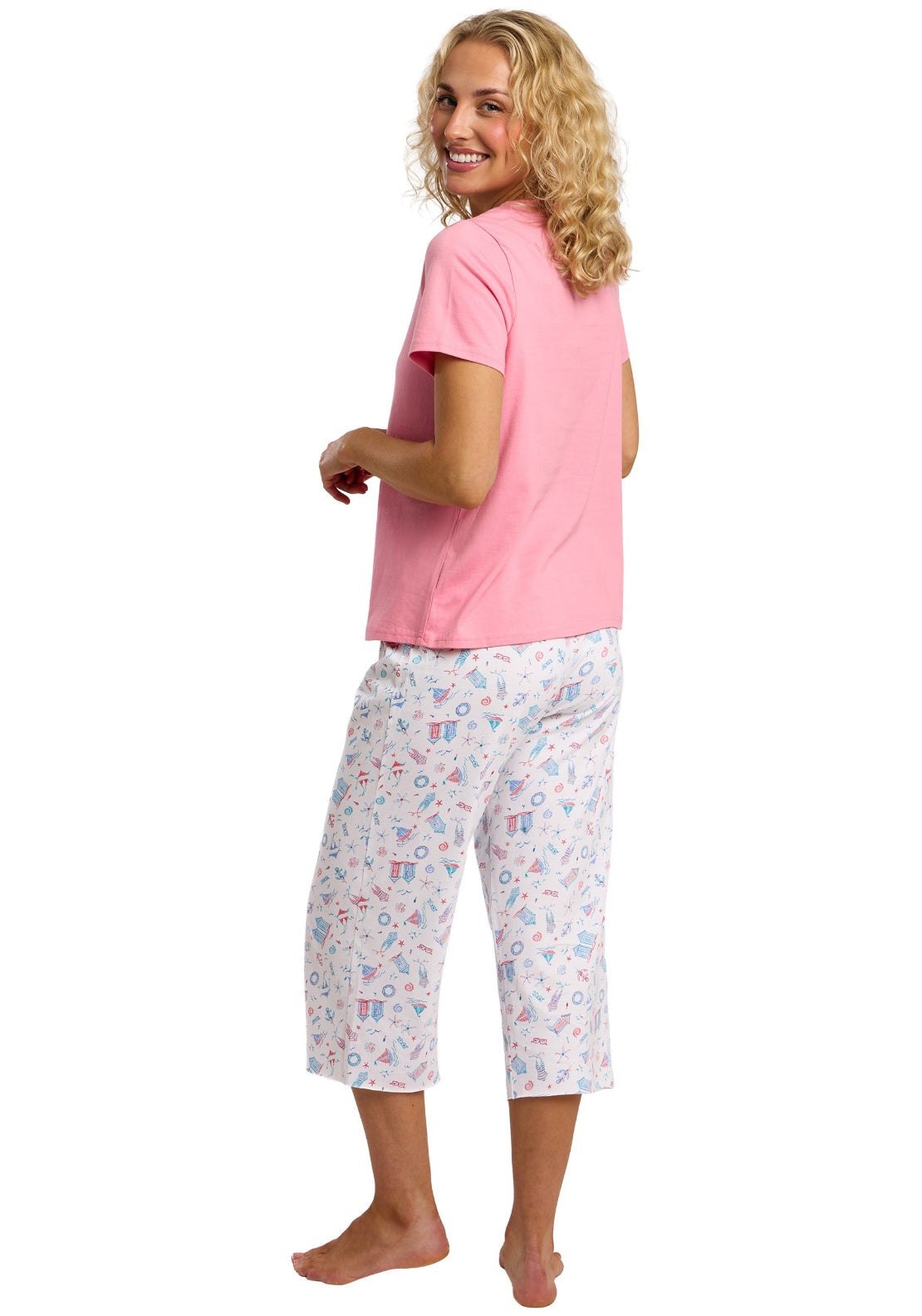 Indigo Sky 100% Cotton Beach Print Cropped Pyjama Set - Pink 2 Shaws Department Stores