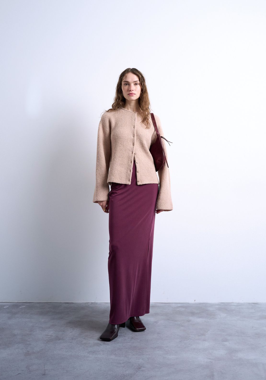 Topshop Josie Ruched Maxi Skirt - Burgundy 1 Shaws Department Stores