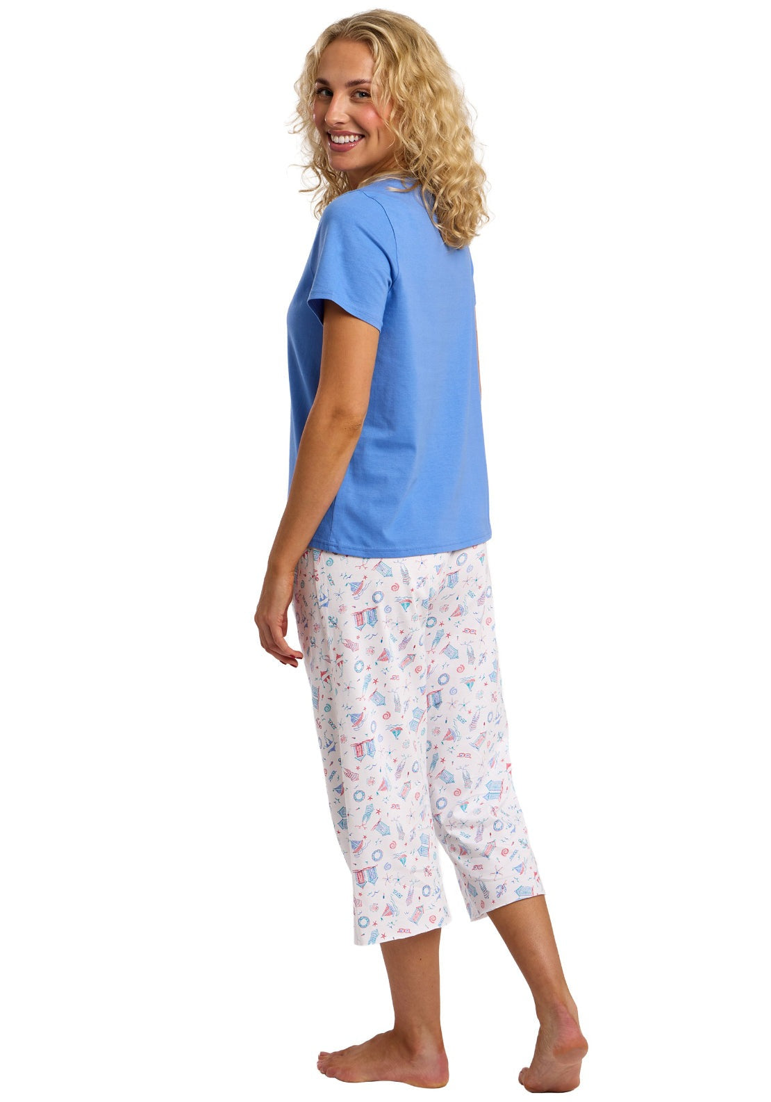Indigo Sky 100% Cotton Beach Print Cropped Pyjama Set - Blue 2 Shaws Department Stores