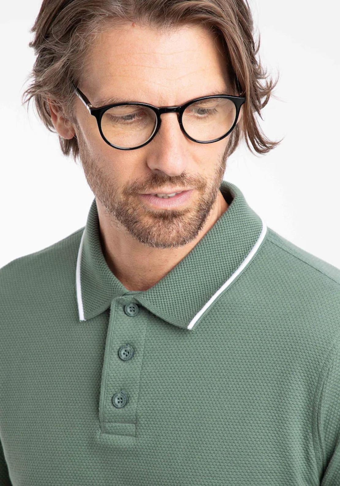 Weird Fish Theo Textured Long Sleeve Polo - Army Green 4 Shaws Department Stores