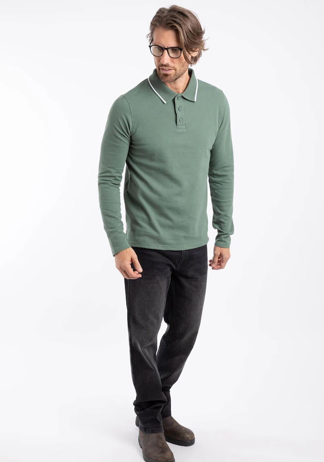 Weird Fish Theo Textured Long Sleeve Polo - Army Green 5 Shaws Department Stores
