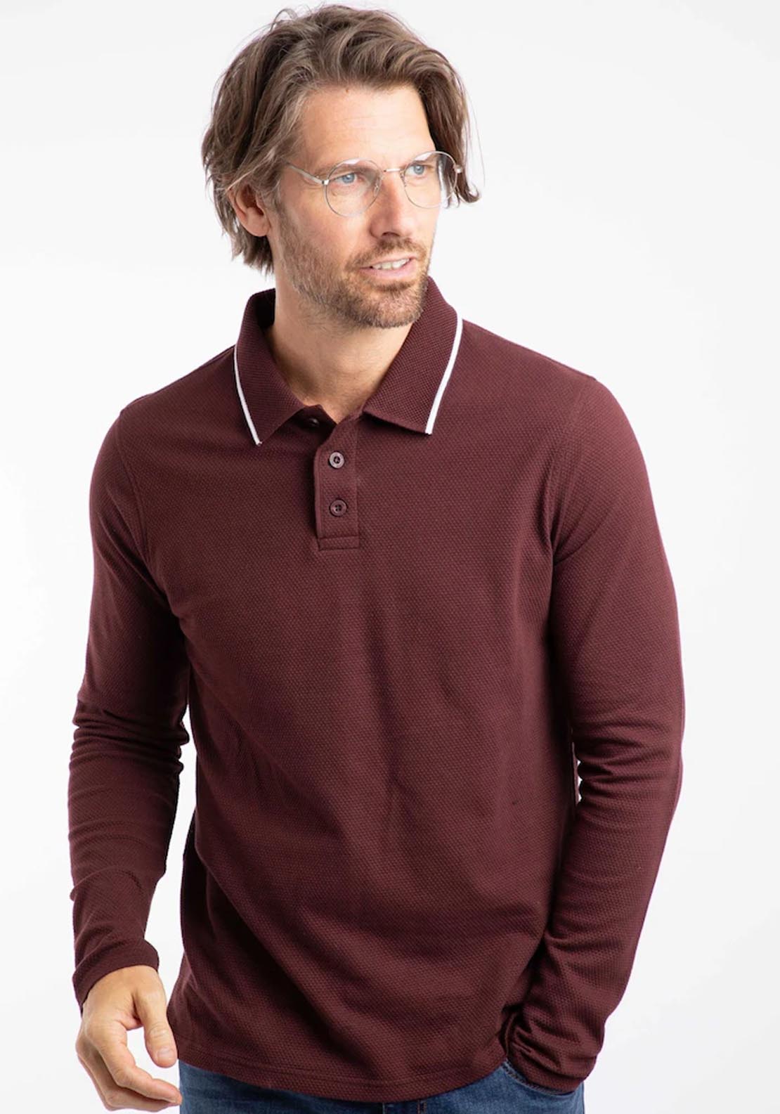 Weird Fish Theo Textured Long Sleeve Polo - Bitter Chocolate 1 Shaws Department Stores