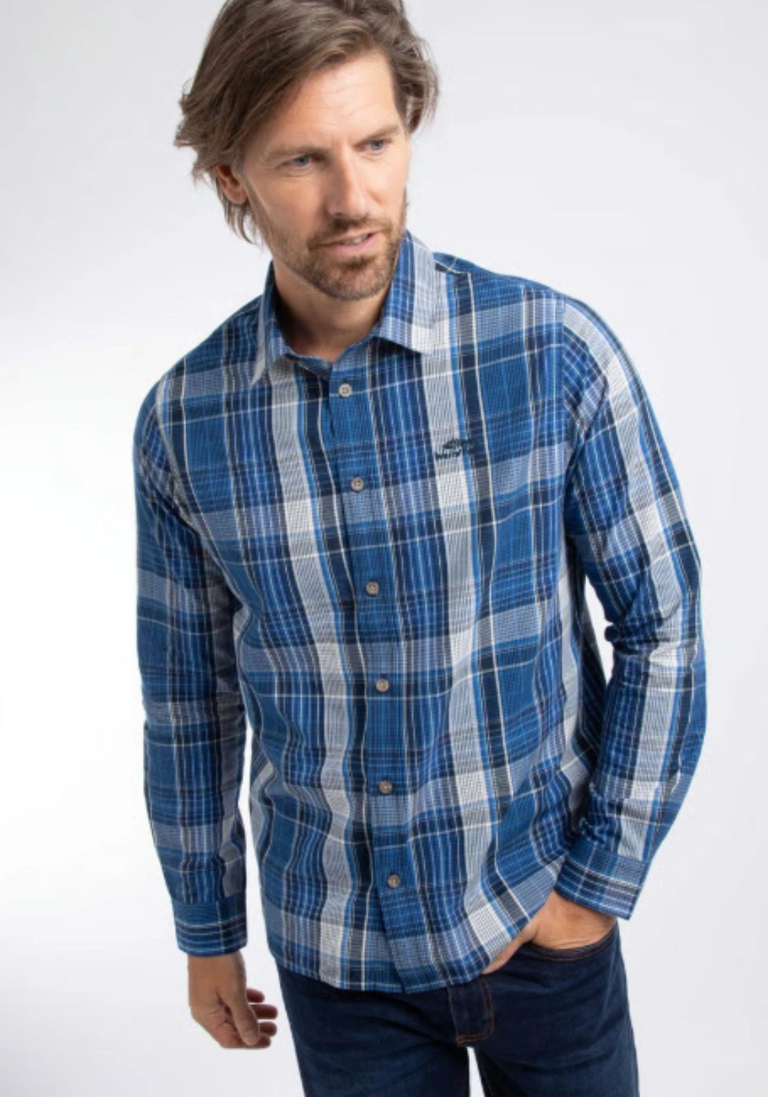 Weird Fish Lando Check Shirt - Bright Navy 2 Shaws Department Stores