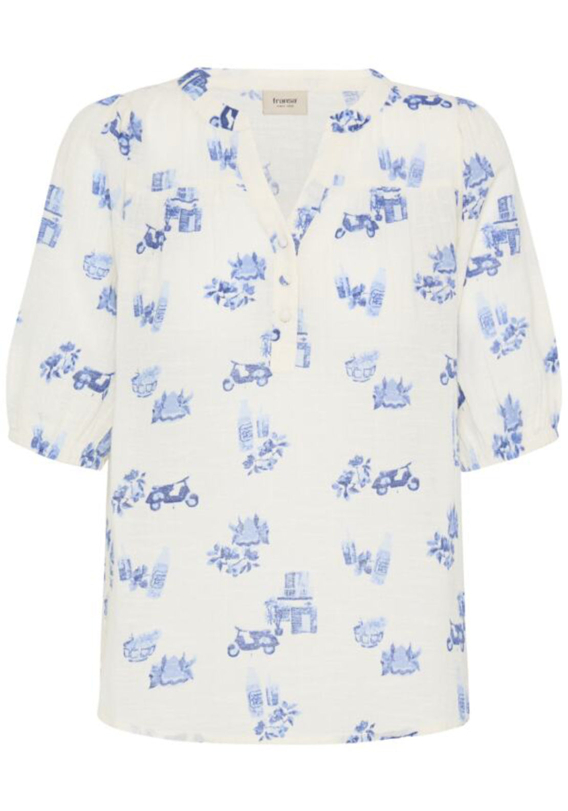 Fransa Motorbike Print Blouse - White W Blue Conversational 1 Shaws Department Stores
