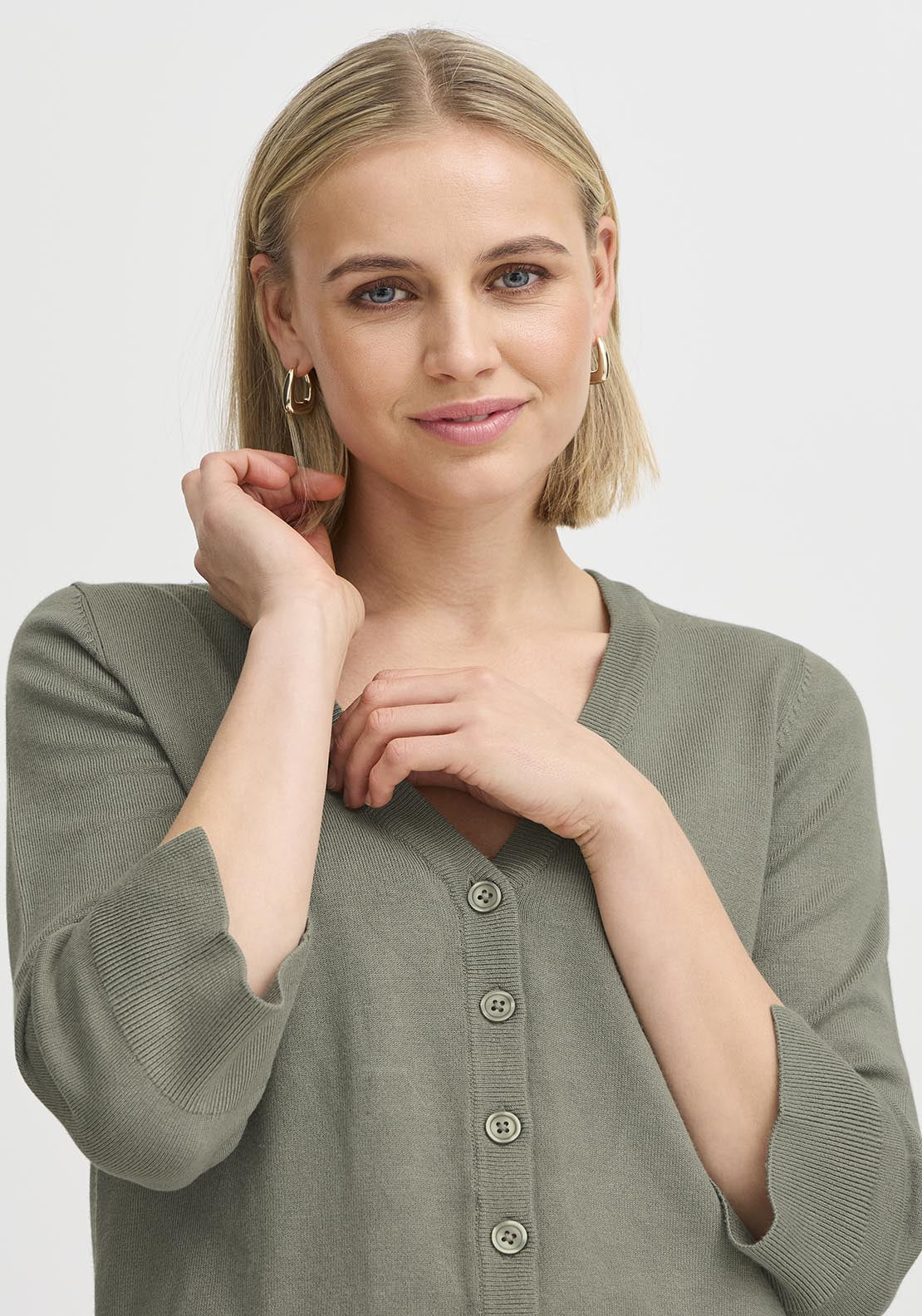 Fransa Casual 3/4 Sleeve Knit Cardigan - Agave Green 3 Shaws Department Stores