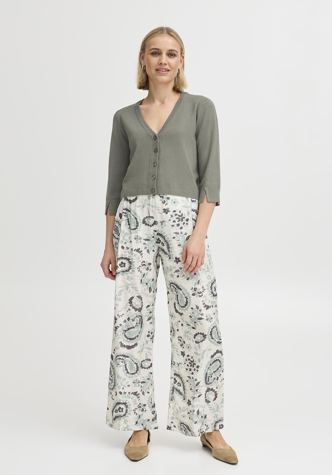 Fransa Casual 3/4 Sleeve Knit Cardigan - Agave Green 1 Shaws Department Stores