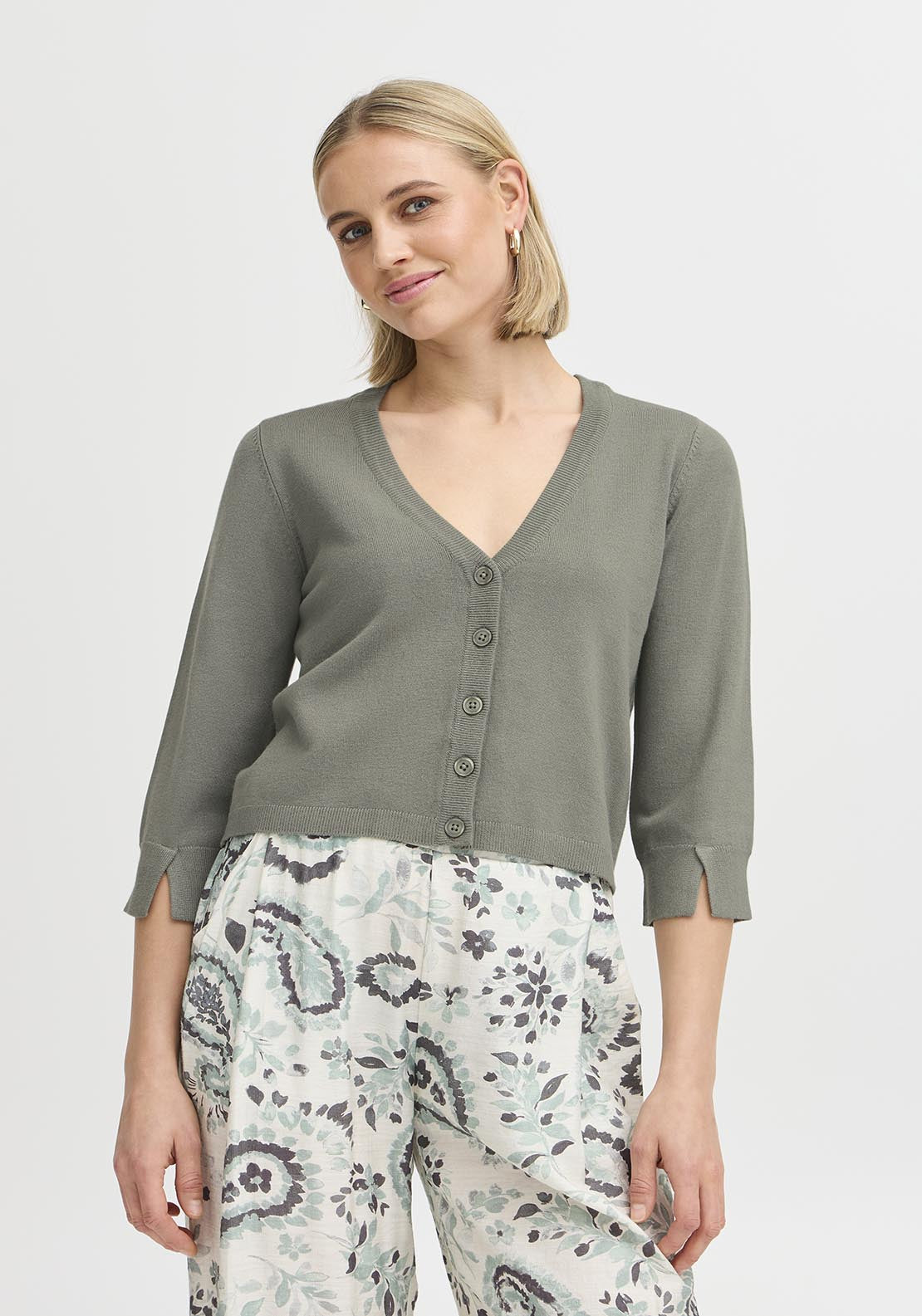 Fransa Casual 3/4 Sleeve Knit Cardigan - Agave Green 2 Shaws Department Stores