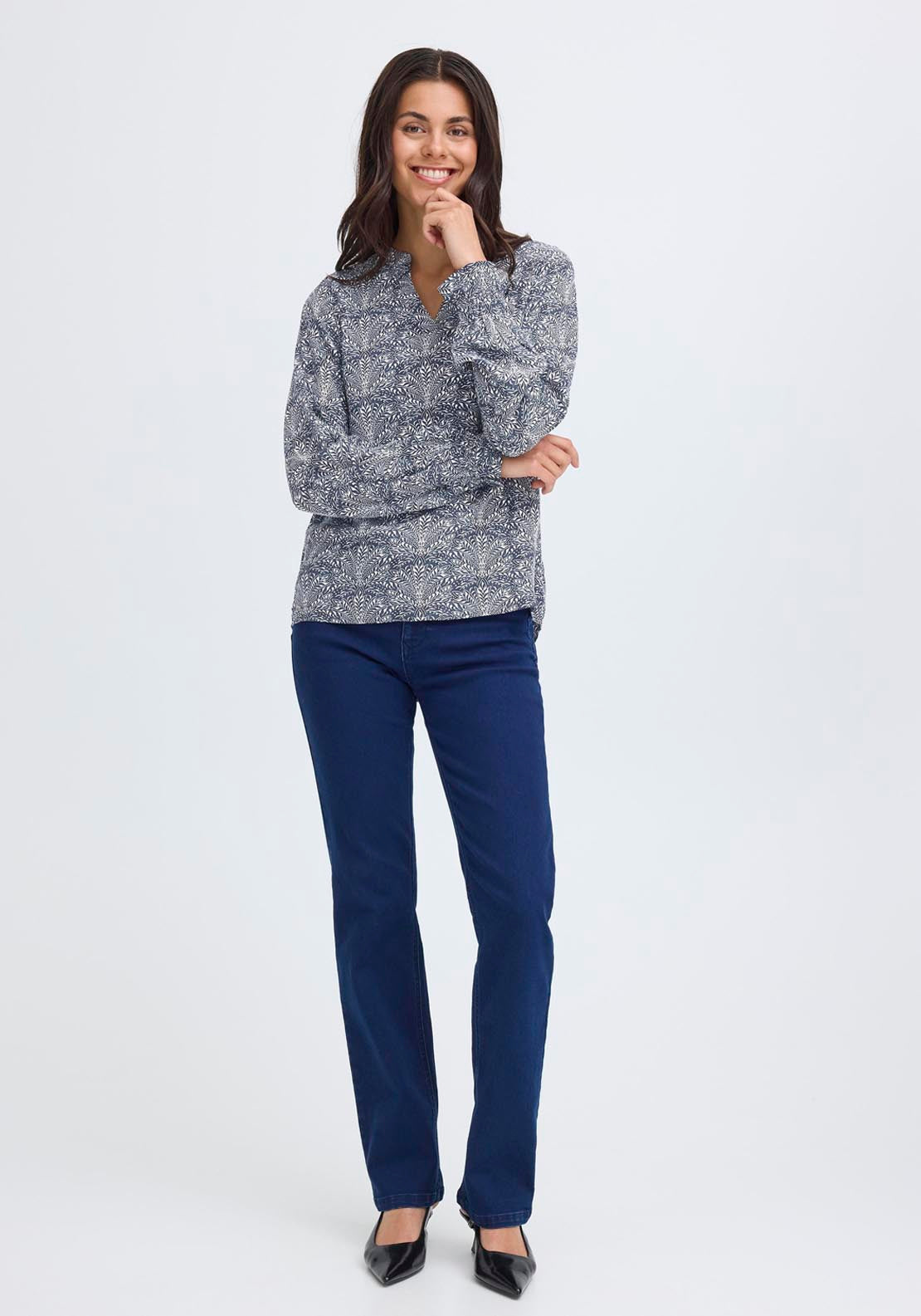 Fransa Long Sleeve Blouse - Night - Whisper White Art 4 Shaws Department Stores