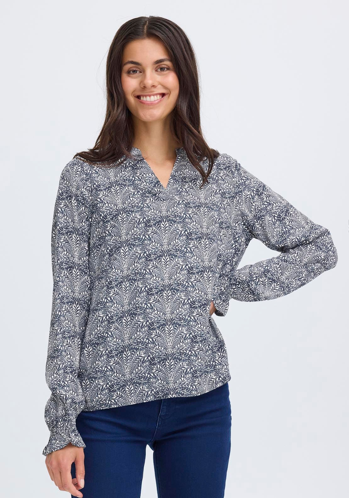 Fransa Long Sleeve Blouse - Night - Whisper White Art 1 Shaws Department Stores
