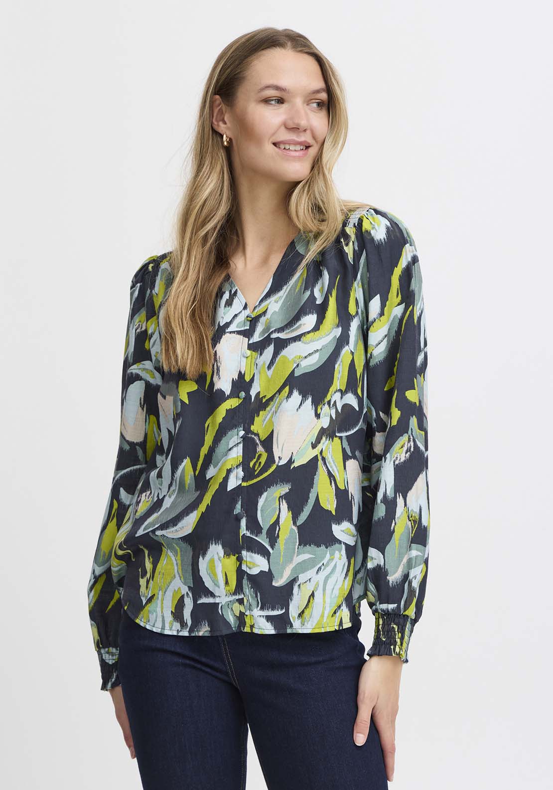 Fransa Long Sleeve Blouse - Navy 1 Shaws Department Stores