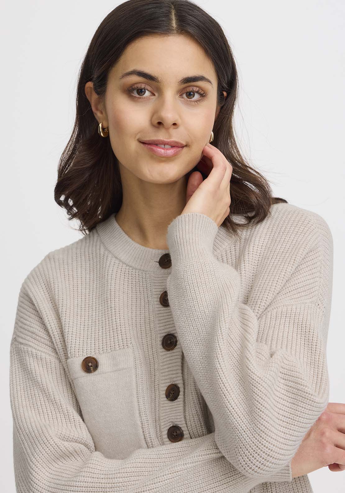 Fransa Long Sleeve Knit Pullover - Limestone Melange 4 Shaws Department Stores